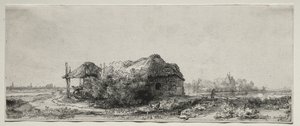 Paisaje con una cabaña y un granero de heno: Oblongo, 1641 de Rembrandt van Rijn