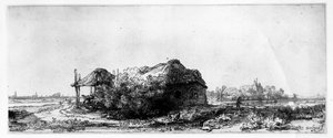 Paisaje con una cabaña y un granero de heno de Rembrandt van Rijn
