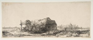 Paisaje con una cabaña y un granero de heno de Rembrandt van Rijn