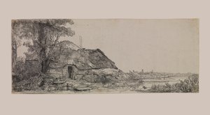 paisaje con una cabaña y un gran árbol de Rembrandt van Rijn