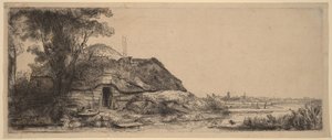 Paisaje con una casita y un árbol grande de Rembrandt van Rijn