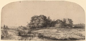 Paisaje con un granero de heno y un rebaño de ovejas de Rembrandt van Rijn