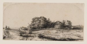 Paisaje con un granero de heno y un rebaño de ovejas