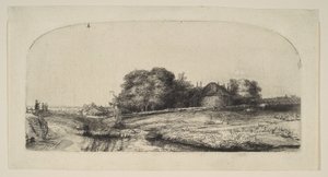 Paisaje con un granero de heno y un rebaño de ovejas, 1652 de Rembrandt van Rijn