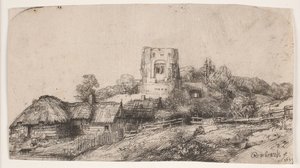 Paisaje con una torre cuadrada de Rembrandt van Rijn