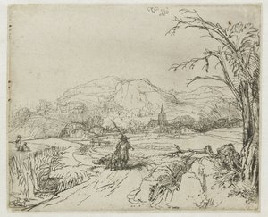 Paisaje con un deportista y unos perros de Rembrandt van Rijn