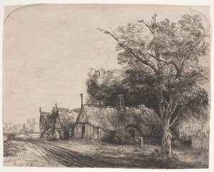Paisaje con tres casas con hastiales junto a un camino de Rembrandt van Rijn