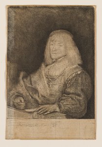 Hombre sentado en un escritorio, con una cruz y una cadena de Rembrandt van Rijn