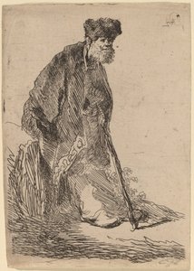Hombre con abrigo y gorro de piel apoyado en un banco de Rembrandt van Rijn