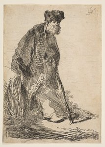 Hombre con abrigo y gorra de piel apoyado en un banco, ca. 1630 de Rembrandt van Rijn