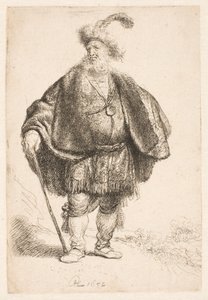 Hombre de pie con traje oriental y gorro de piel con plumas de Rembrandt van Rijn