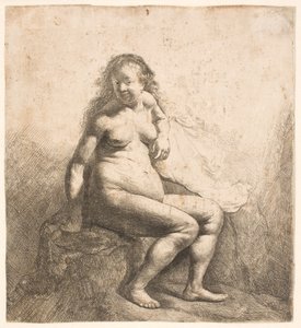 Mujer desnuda sentada en un montículo de Rembrandt van Rijn