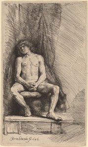 Hombre Desnudo Sentado ante una Cortina de Rembrandt van Rijn