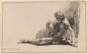 Hombre Desnudo Sentado en el Suelo con una Pierna Extendida de Rembrandt van Rijn