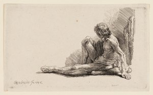 Hombre Desnudo Sentado en el Suelo con una Pierna Extendida de Rembrandt van Rijn