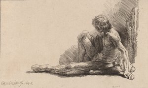Hombre Desnudo Sentado en el Suelo con una Pierna Extendida de Rembrandt van Rijn