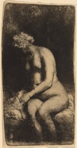 Desnudo sentado en un banco con una almohada (Mujer bañando sus pies en un arroyo) de Rembrandt van Rijn