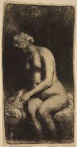 Desnuda sentada en un banco con un cojín (Mujer lavándose los pies en un arroyo) de Rembrandt van Rijn