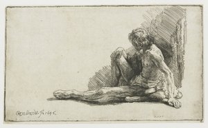 Hombre desnudo sentado en el suelo con una pierna extendida de Rembrandt van Rijn