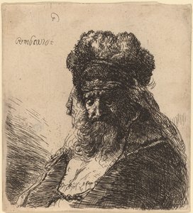 Viejo barbudo con un gorro de piel alto, con los ojos cerrados de Rembrandt van Rijn