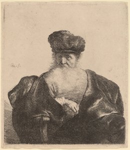 Viejo con barba, gorro de piel y capa de terciopelo de Rembrandt van Rijn