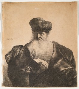 Anciano con barba, gorro de piel y capa de terciopelo de Rembrandt van Rijn