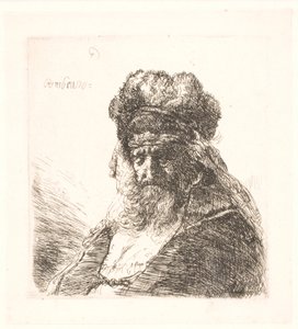Viejo barbudo con un gorro de piel alto, con los ojos cerrados de Rembrandt van Rijn