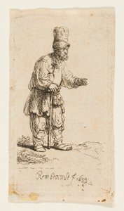 Campesino con un Gorro Alto, Apoyado en un Bastón de Rembrandt van Rijn