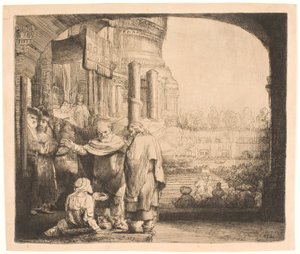 Pedro y Juan sanando al lisiado en la puerta del templo de Rembrandt van Rijn