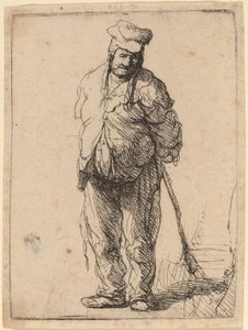 Campesino harapiento con las manos detrás, sosteniendo un palo de Rembrandt van Rijn
