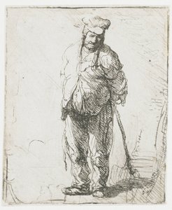 Un campesino harapiento con las manos a la espalda, sosteniendo un palo de Rembrandt van Rijn