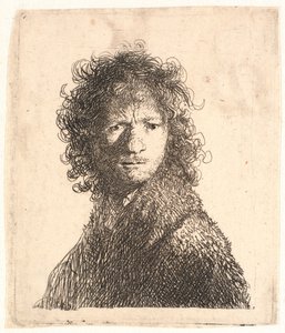 Rembrandt descubierto, con luz intensa desde la derecha: mirando sobre su hombro: busto
