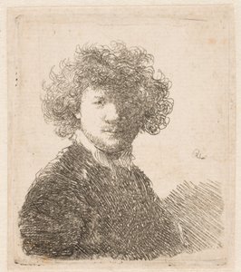 Rembrandt, con la cabeza descubierta, el pelo rizado y espeso y un pequeño cuello blanco: busto de Rembrandt van Rijn