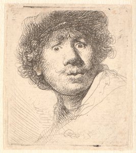 Rembrandt con gorra, boca abierta y mirando: busto en contorno de Rembrandt van Rijn