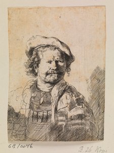 Rembrandt con una gorra plana y un vestido bordado de Rembrandt van Rijn