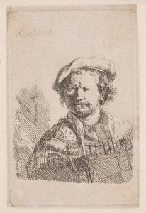 Rembrandt con gorra plana y chal sobre los hombros de Rembrandt van Rijn