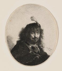 Rembrandt con gorro emplumado y sable bajado de Rembrandt van Rijn