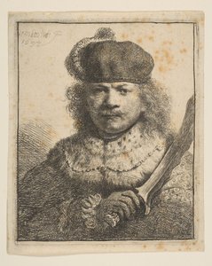 Rembrandt con sable levantado de Rembrandt van Rijn