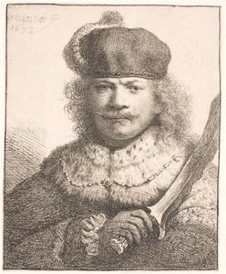 Rembrandt con el sable en alto: retrato de medio cuerpo de Rembrandt van Rijn