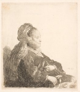 La madre de Rembrandt sentada mirando a la derecha, con un tocado oriental: medio cuerpo, mostrando las manos