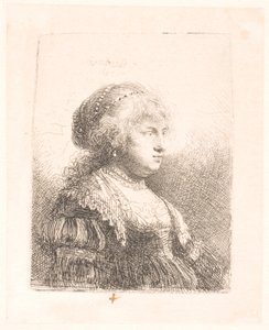 Saskia, la esposa de Rembrandt, con perlas en el pelo, busto de Rembrandt van Rijn
