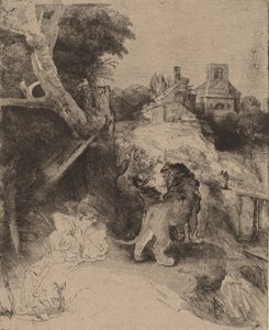 San Jerónimo leyendo en un paisaje italiano, c. 1653 de Rembrandt van Rijn