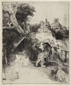 San Jerónimo en un paisaje italiano de Rembrandt van Rijn