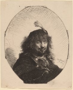 Autorretrato (?) con gorra emplumada y sable bajado de Rembrandt van Rijn