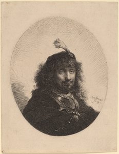 Autorretrato (?) con gorra emplumada y sable bajado de Rembrandt van Rijn