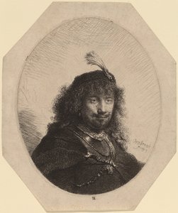 Autorretrato (?) con gorra emplumada y sable bajado de Rembrandt van Rijn