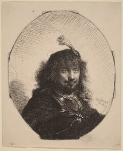 Autorretrato () con gorro emplumado y sable bajado de Rembrandt van Rijn