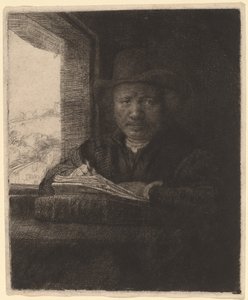 Autorretrato dibujando en una ventana de Rembrandt van Rijn