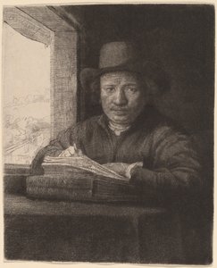 Autorretrato dibujando en una ventana de Rembrandt van Rijn
