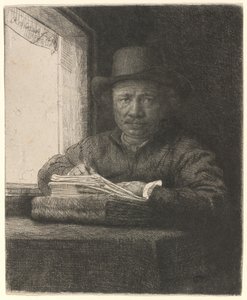 Autorretrato dibujando en una ventana de Rembrandt van Rijn